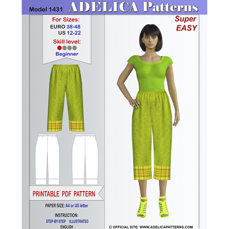 Easy to sew Elastic Waist band Summer Pants Sewing Pattern for Women in  sizes 12-22 US / 38-48 Euro