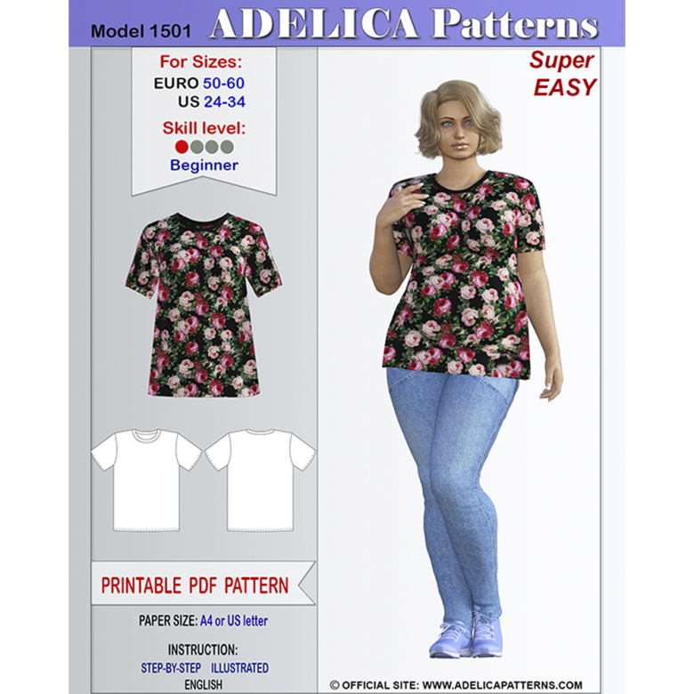 Plus size Jersey T-Shirt Sewing Pattern PDF for sizes 24-34 US / 50-60 ...