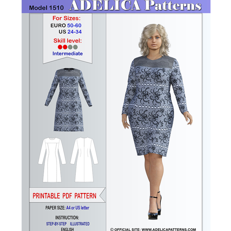 Plus size Long sleeve Knee length dress sewing pattern | Textillia