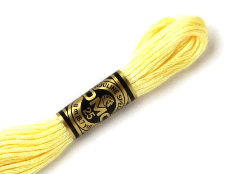 Skein of 3078 Very Light Golden Yellow DMC embroidery floss.