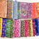 colorful printed fabrics, folded and displayed in a sideways stack