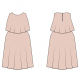 Line art for 12-26 size range, showing dress with full A-line skirt and flowy bodice overlay; back view shows keyhole opening at back neckline.