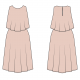 Line art for 0-16 size range, showing dress with full A-line skirt and flowy bodice overlay; back view shows keyhole opening at back neckline.
