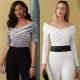 two models, one black and one white, wearing close-fitting bodysuits with off-the-shoulder ruched cowl necks