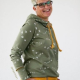 Sweater patter shown in hoodie option with standing collar, and contrasting bottom