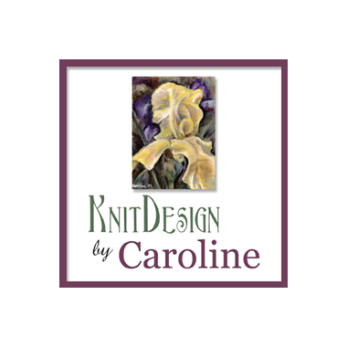 logo for KnitDesign by Caroline. Green and purple words with a painting of a yellow iris, all surrounded by a purple border.
